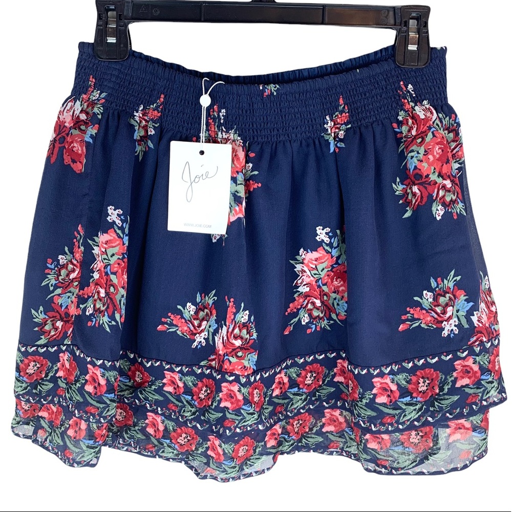 Joie Silk Tiered Turnley Skirt Elastic Waist Navy Blue Floral Small NEW - Picture 2 of 9